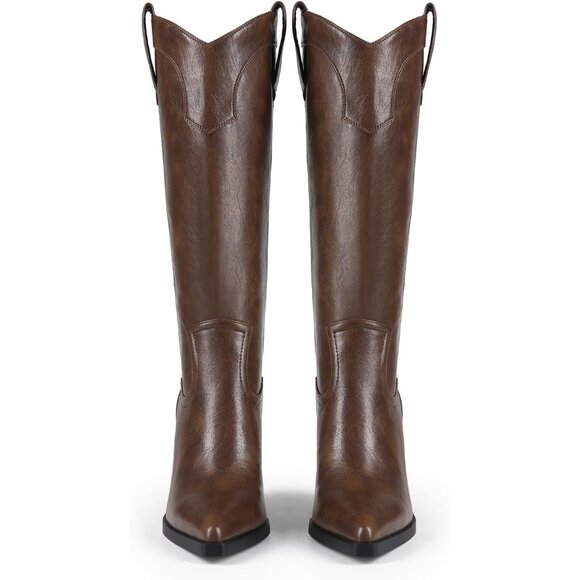 Women's Western Knee High Cowgirl Boots Pointed Toe Chunky Heel Leather Brown2 - Picture 3 of 6